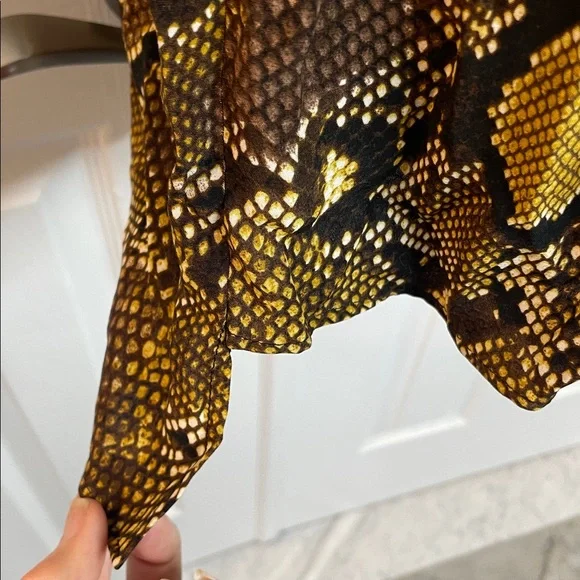 ZARA SNAKESKIN ANIMAL PRINT LONG SLEEVE BELTED BLACK BROWN YELLOW DRESS SZ XS - Picture 11 of 16